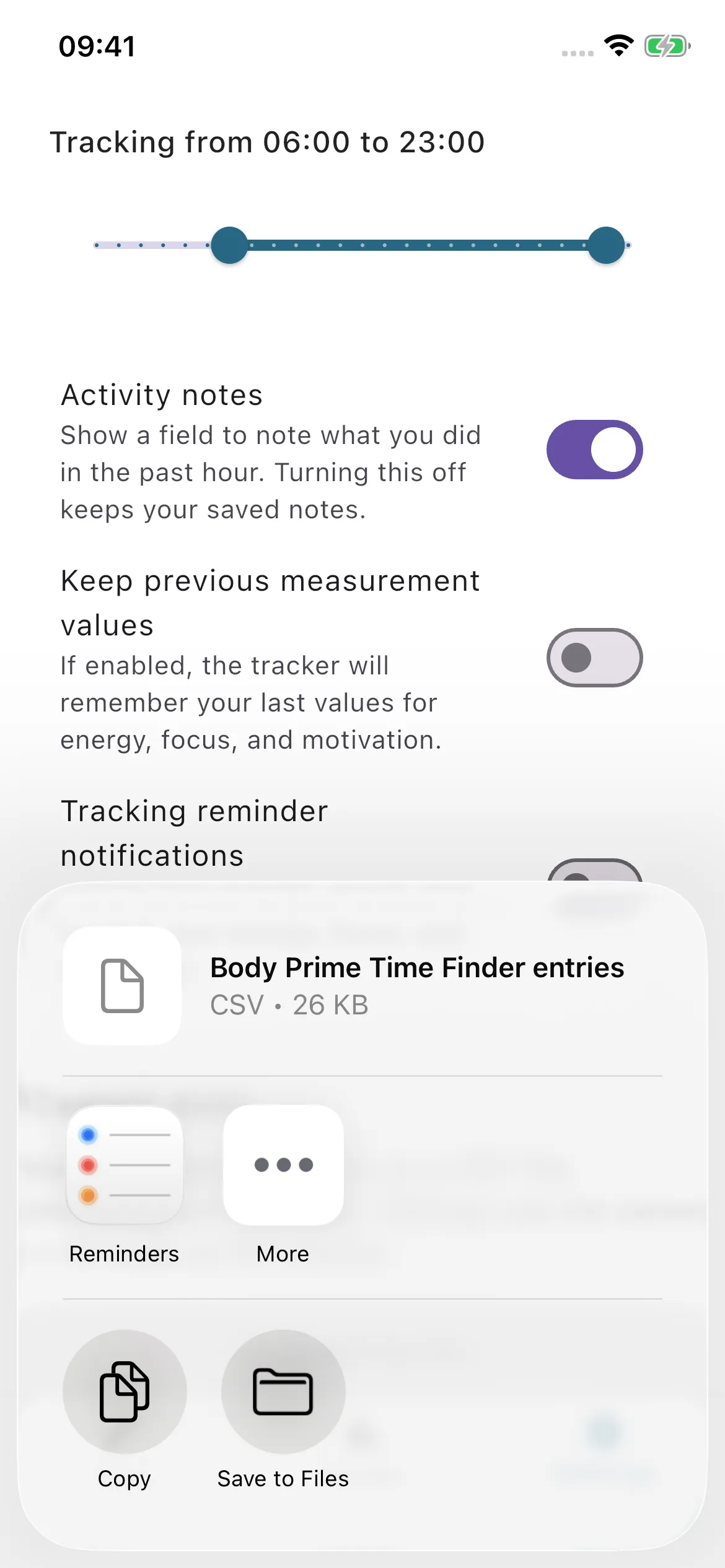 iPhone share sheet for a Body Prime Time Finder CSV export, with Copy and Save to Files options.