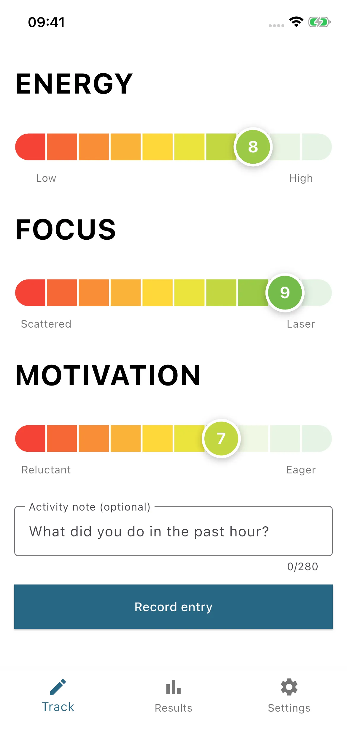 BPTF Track screen with energy 8, focus 9, motivation 7, an optional activity note, and Record entry button.