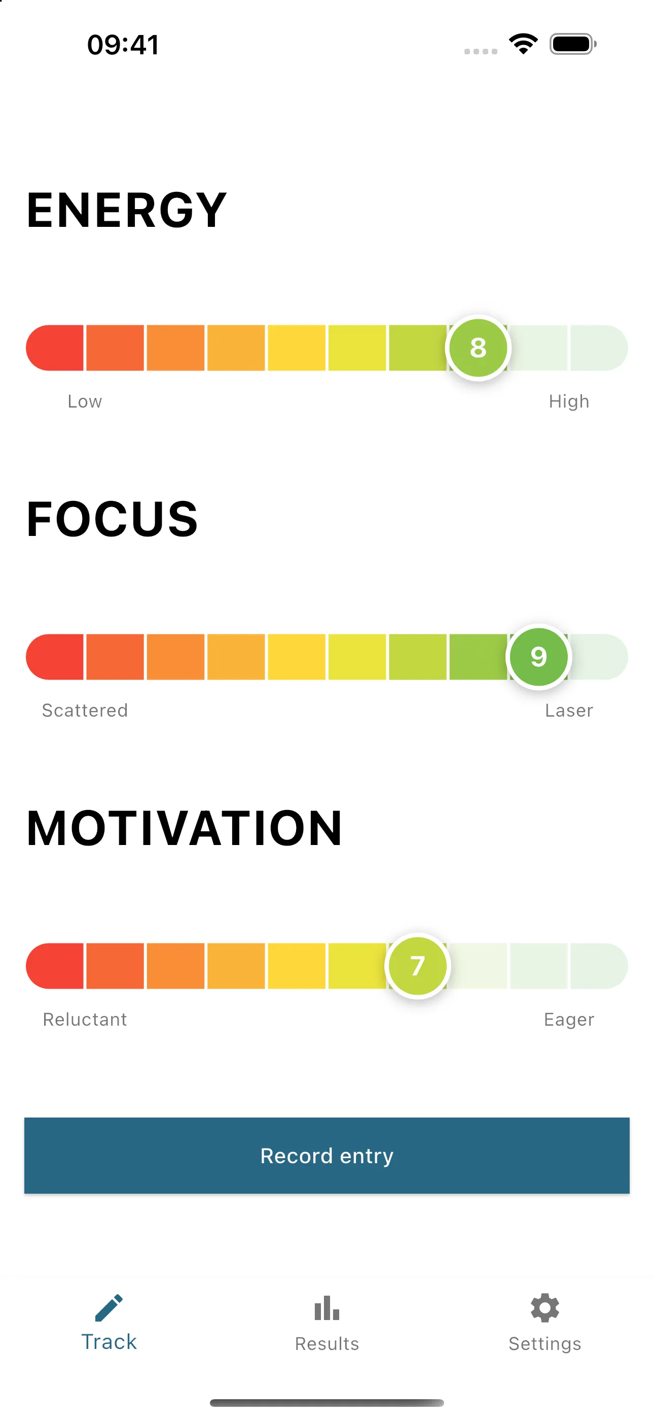 Track screen with energy, focus, and motivation ratings from 1 to 10.